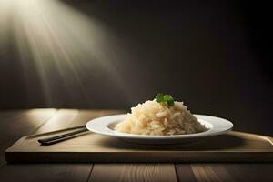 a plate of rice on a wooden table with chopsticks. AI-Generated photo