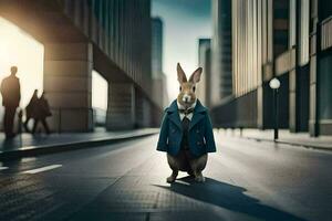 a rabbit wearing a suit and tie standing in the middle of a city street. AI-Generated photo