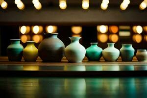 a row of vases sitting on a table. AI-Generated photo