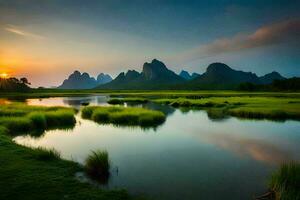 el amanecer terminado el li río, montañas, agua, paisaje, hd fondo de pantalla. generado por ai foto