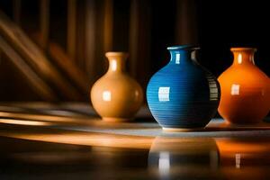 three vases are sitting on a table. AI-Generated photo