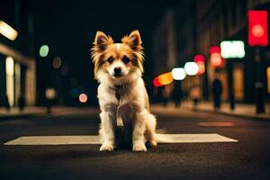 a dog sitting on the street at night. AI-Generated photo