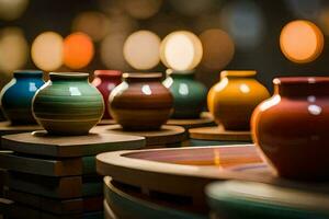 a row of colorful vases on a table. AI-Generated photo