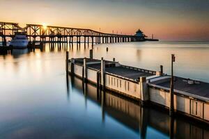 a pier at sunset with a dock and a bridge. AI-Generated photo