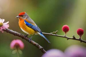 a colorful bird sits on a branch with pink flowers. AI-Generated photo