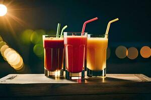 three glasses of juice with straws on a wooden table. AI-Generated photo