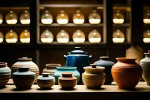a row of vases on a table in front of a wall. AI-Generated photo