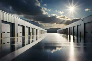 a long row of storage units with the sun shining through. AI-Generated photo