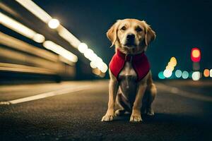 a dog wearing a red vest sitting on the road at night. AI-Generated photo