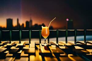 a glass of orange juice sitting on a table in front of a city skyline. AI-Generated photo