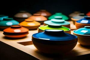 colorful bowls on a wooden table. AI-Generated photo