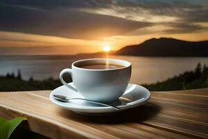 a cup of coffee on a wooden table with a view of the sunset. AI-Generated photo