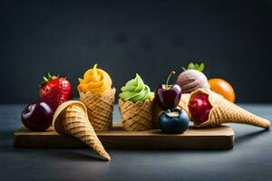 hielo crema conos con Fruta y bayas en un de madera bandeja. generado por ai foto