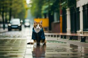 un gato en un azul chaqueta sentado en el acera. generado por ai foto