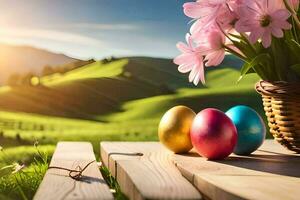 easter eggs in a basket on a wooden table with flowers. AI-Generated photo