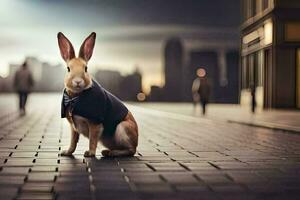 a rabbit wearing a jacket sits on a brick road. AI-Generated photo