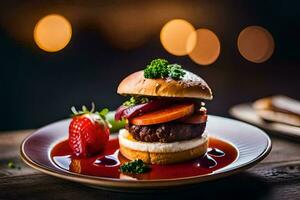 a hamburger with vegetables and sauce on a plate. AI-Generated photo