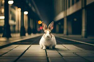 a rabbit is sitting on the ground in a city. AI-Generated photo