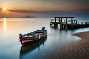 a boat sits on the beach at sunset. AI-Generated photo