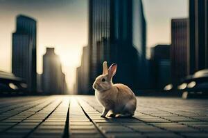 a rabbit is sitting on the ground in front of a city. AI-Generated photo