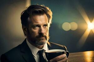 a man in a suit and tie holding a cup of coffee. AI-Generated photo