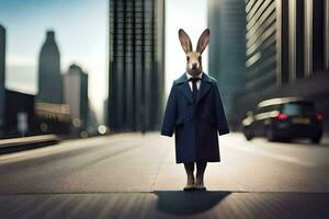 a rabbit wearing a suit and tie standing on a city street. AI-Generated photo