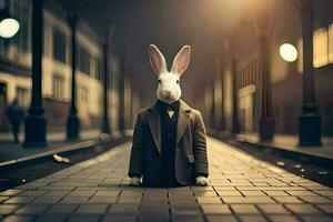 un Conejo en un traje soportes en un calle a noche. generado por ai foto