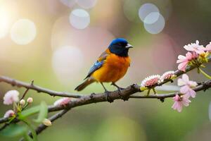 a colorful bird sits on a branch with pink flowers. AI-Generated photo