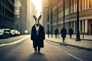 a rabbit wearing a coat and tie standing in the middle of a city street. AI-Generated photo