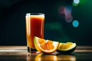 naranja jugo en un vaso con rebanadas de naranja. generado por ai foto