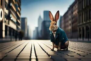 a rabbit in a blue jacket sitting on the ground. AI-Generated photo