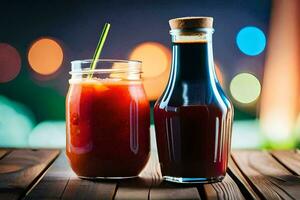 two glasses of tomato sauce and a bottle of sauce. AI-Generated photo