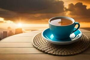 a cup of tea on a wooden table with a city view. AI-Generated photo