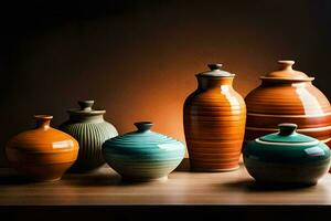 a group of colorful vases sitting on a table. AI-Generated photo