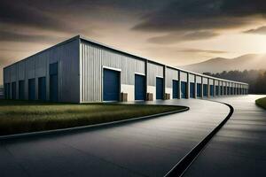 a large warehouse with two doors and a road. AI-Generated photo