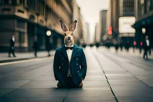 a rabbit wearing a suit and tie sits on the street. AI-Generated photo