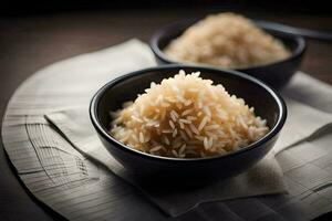 two bowls of brown rice sit on a table. AI-Generated photo