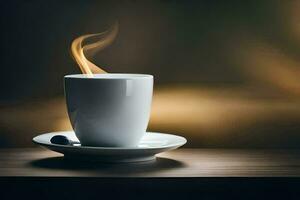 un taza de café en un mesa con un oscuro antecedentes. generado por ai foto