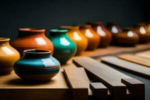 a row of colorful vases on a wooden table. AI-Generated photo