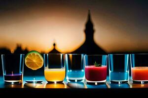 a row of glasses with different colored drinks. AI-Generated photo