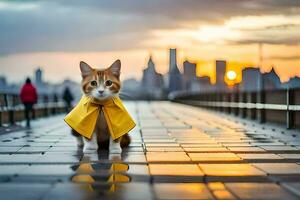 a cat wearing a yellow raincoat on a bridge. AI-Generated photo