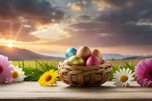 easter eggs in a basket on a table. AI-Generated photo