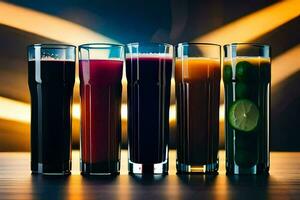 five different colored drinks in glasses on a table. AI-Generated photo