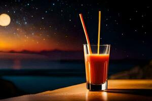 a glass of orange juice with a straw on a table in front of a full moon. AI-Generated photo