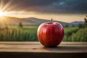 an apple sits on a wooden table in front of a sunset. AI-Generated photo