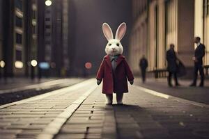 a rabbit in a red coat standing on a street. AI-Generated photo