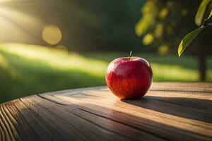 un manzana se sienta en un de madera mesa en el Dom. generado por ai foto