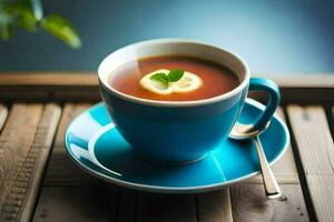 a cup of tea with lemon and mint on a wooden table. AI-Generated photo