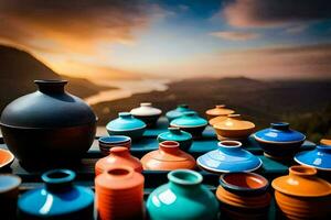 colorful vases on a table with a sunset in the background. AI-Generated photo