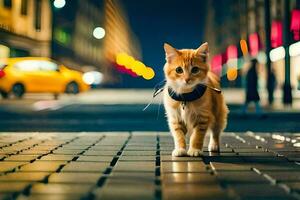 a cat walking on a city street at night. AI-Generated photo